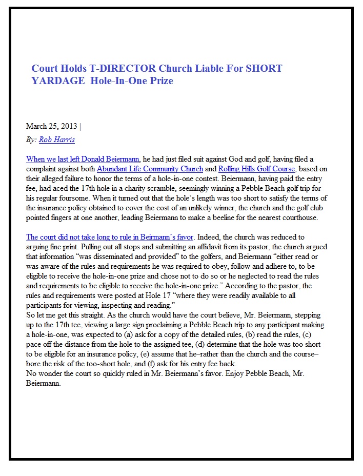 Court Hole in One decision Cases prize Church liable short yardage attempts to defraud Hole in One Company claim forms Verification Process Rules USGA Hole in One Rules