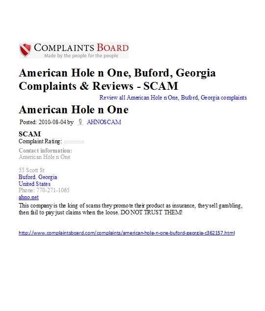 American Hole in One Acno.com case golf prize not awarded scam American Hole in One Association rip off company Buford Georgia