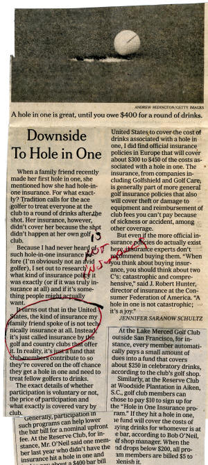 NY Times writer definition that Golf Hole in One Insurance prizes is NOT Insurance contract State Insurance Commissioner