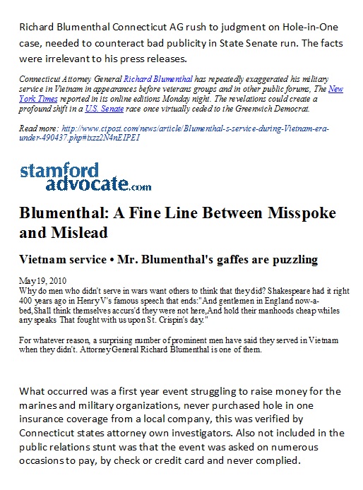 Hole in One Insurance case connecticut Insurance commissioner Anthony Caporale Richard Blumenthal Attorney General Golf Business CT Golfer