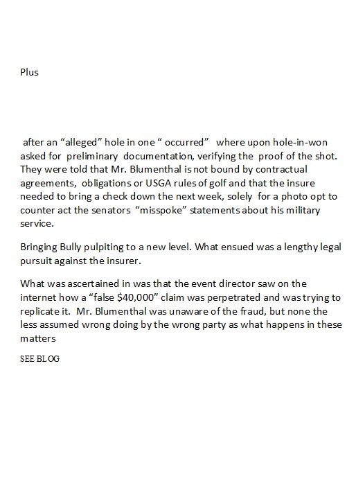 Hole in One Insurance case connecticut Insurance commissioner Anthony Caporale Richard Blumenthal Bumblefucking Attorney General Golf Business CT Golfer